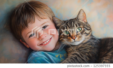 Little boy with twinkling eyes joyfully cuddles his fluffy cat in a cozy indoor setting 125397355
