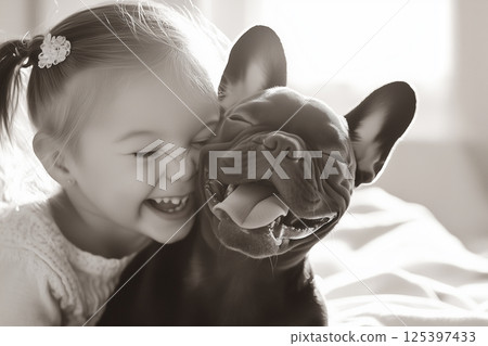 Little girl laughs joyfully while cuddling her playful dog during a sunny afternoon indoors 125397433