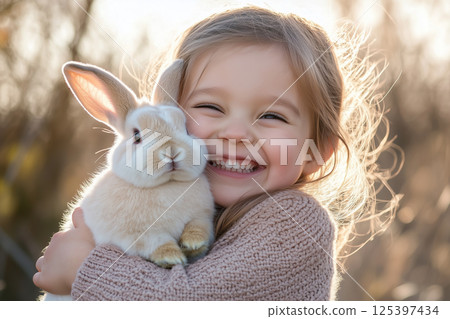 Little girl giggles joyfully while cradling her fluffy rabbit in a sunlit outdoor setting during the golden hour 125397434