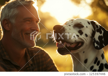 Loving father enjoys a joyful moment with his Dalmatian in a sunlit park during early evening 125397446