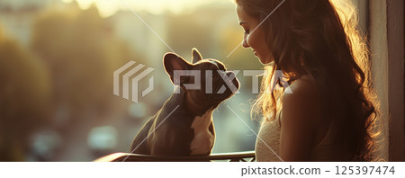 Radiant young woman shares a tender moment with her French Bulldog on a sunlit balcony in the evening Radiant young woman shares a tender moment with her French Bulldog on a sunlit balcony in the evening 125397474