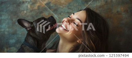 Smiling young woman joyfully playing with her dog in a cozy indoor setting surrounded by warm colors and textures 125397494