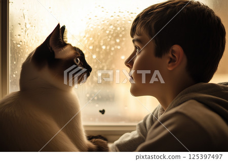Sweet teenage boy gazes thoughtfully at his Siamese cat while sitting by a rain soaked window in a cozy room Sweet teenage boy gazes thoughtfully at his Siamese cat while sitting by a rain soaked window in a cozy room 125397497