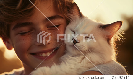 Teenage boy smiles brightly while holding a fluffy cat in a sunny outdoor setting during golden hour 125397515