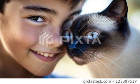 Teenage boy shares joyful moment with cute cat while outdoors under bright sunlight in a lush green park setting 125397517