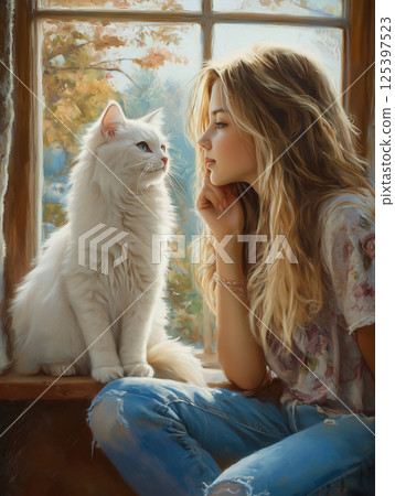 Teenage girl sits by window with her Ragdoll cat, enjoying a peaceful moment in autumn light Teenage girl sits by window with her Ragdoll cat, enjoying a peaceful moment in autumn light 125397523