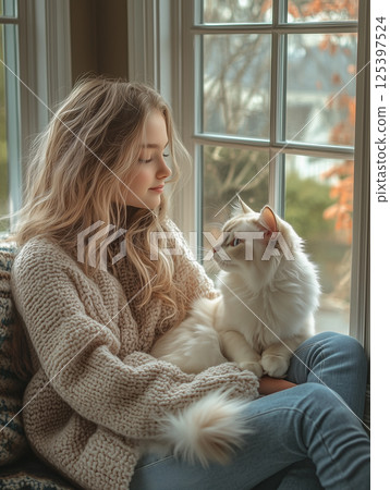 Teenage girl relaxes at home with her fluffy Ragdoll cat on a cozy afternoon in a well lit room with large windows 125397524