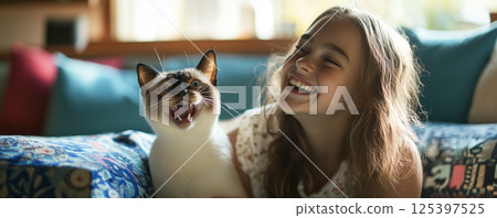 Teenage girl joyfully interacts with her playful Siamese cat at home during a sunny afternoon Teenage girl joyfully interacts with her playful Siamese cat at home during a sunny afternoon 125397525