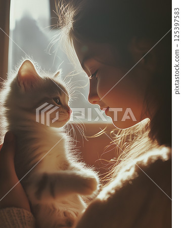 Young girl enjoys a tender moment with her fluffy kitten while sitting in soft sunlight by the window during the afternoon 125397583