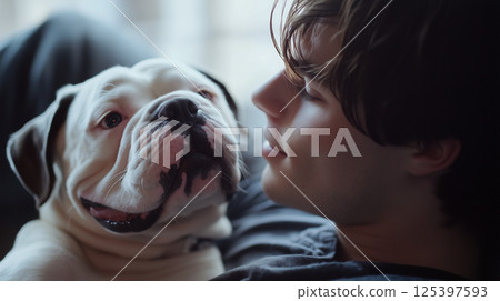 Young man relaxes with his bulldog in a cozy indoor setting during the afternoon 125397593