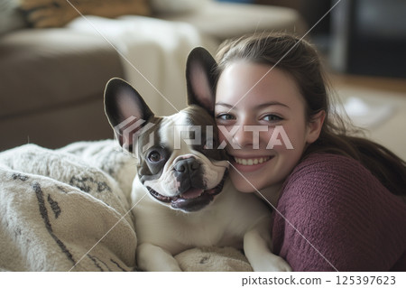 Young woman smiles with joy while cuddling her playful dog inside a cozy living room 125397623