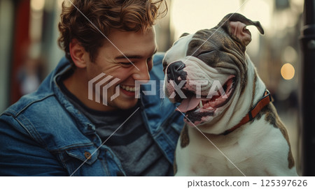 Joyful interaction between youthful man and his cheerful bulldog on a sunny street in the late afternoon Joyful interaction between youthful man and his cheerful bulldog on a sunny street in the late afternoon 125397626