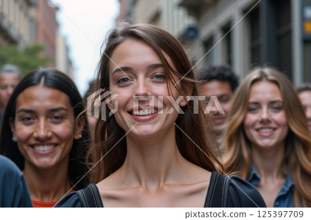 Group of Cheerful Young Adults Smiling Warmly While Walking Down a City Street on a Bright Day Group of Cheerful Young Adults Smiling Warmly While Walking Down a City Street on a Bright Day 125397709