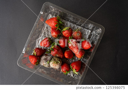Rotten strawberries with large white fungal mold on a black background in a plastic patch. 125398075