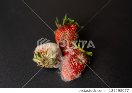 Rotten strawberries with large white fungal mold on black background. Rotten strawberries with large white fungal mold on black background. 125398077