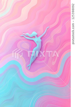 A fluid female figure floats in a dreamy landscape of pink, purple, and aqua waves, evoking freedom and serenity in a surreal, layered abstract style. 125398092