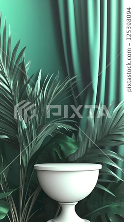 A sleek white display pedestal stands before lush tropical foliage and soft draped curtains in green tones, creating a calm, stylish backdrop for product branding or presentation. 125398094