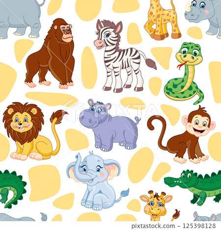 Seamless pattern with African animals. Lion, elephant, giraffe, rhinoceros, monkey, snake,crocodile. hippopotamus illustration for kids Seamless pattern with African animals. Lion, elephant, giraffe, rhinoceros, monkey, snake,crocodile. hippopotamus illustration for kids 125398128
