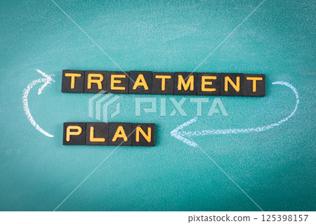 Treatment Plan. Text with Arrows on Chalkboard Background Treatment Plan. Text with Arrows on Chalkboard Background 125398157