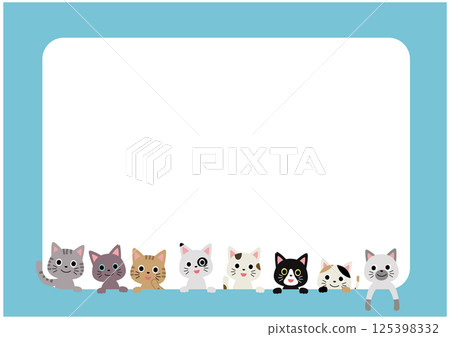 A frame with many cats peeking out from a line, blue border A frame with many cats peeking out from a line, blue border 125398332