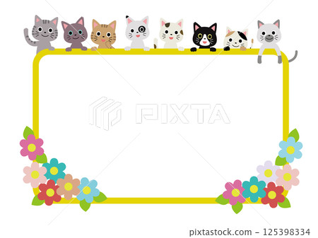 Flower line frame with many cats peeking out, horizontal Flower line frame with many cats peeking out, horizontal 125398334