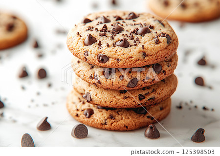 Stack of mouth-watering chocolate chip cookies with the perfect white background, ideal for promoting indulgent snacks or celebrating comfort foods. 125398503