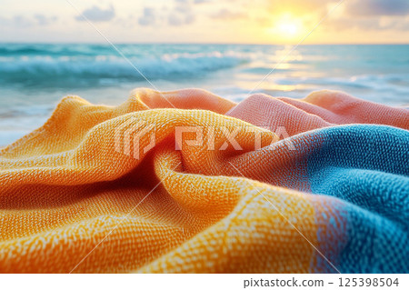 Beach towel with bold geometric patterns in summer beach. Retro style. Close-up. 125398504
