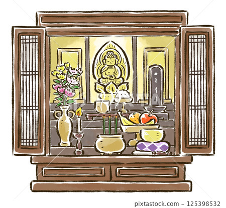 A small modern Buddhist altar (principal image: Shaka Nyorai) Soto Zen and Rinzai Zen 125398532