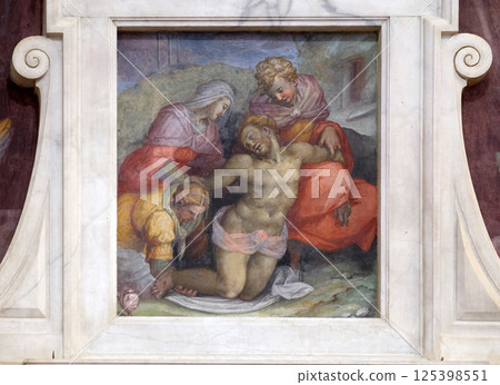 The tomb of Michelangelo (detail). Pieta fresco by Giovanni Battista Naldini, Basilica of Santa Croce (Basilica of the Holy Cross) in Florence, Italy. 125398551