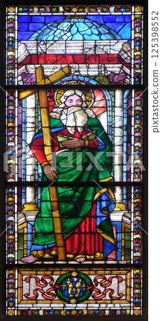 Saint Andrew, stained glass window in the Basilica di Santa Croce (Basilica of the Holy Cross) - famous Franciscan church in Florence, Italy Saint Andrew, stained glass window in the Basilica di Santa Croce (Basilica of the Holy Cross) - famous Franciscan church in Florence, Italy 125398552