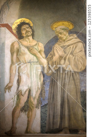 Saint John the Baptist and Saint Francis of Assisi, fresco by Domenico Veneziano, Basilica di Santa Croce (Basilica of the Holy Cross) in Florence, Italy 125398555