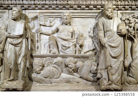 Resurrection, detail of the funerary monument to Gastone della Torre, by Tino di Camaino, Basilica di Santa Croce (Basilica of the Holy Cross) in Florence, Italy 125398558