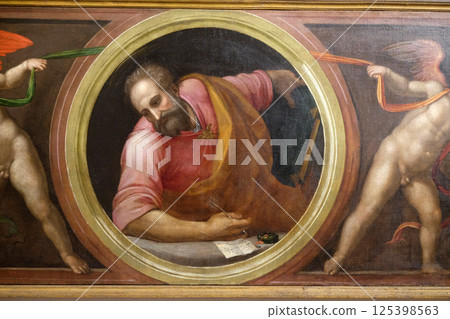 Saint Matthew and Two Angels supporting a curtain, altar from Morelli Chapel in the Basilica di Santa Croce (Basilica of the Holy Cross) in Florence, Italy 125398563