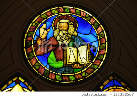 God the Father, stained glass window by Alesso Baldovinetti in the Basilica di Santa Croce (Basilica of the Holy Cross) - famous Franciscan church in Florence, Italy God the Father, stained glass window by Alesso Baldovinetti in the Basilica di Santa Croce (Basilica of the Holy Cross) - famous Franciscan church in Florence, Italy 125398567