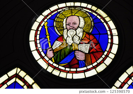 Aaron depicted in the stained-glass window designed by Italian Renaissance painter Giotto di Bondone dated from the early 14th century in the Basilica di Santa Croce in Florence Aaron depicted in the stained-glass window designed by Italian Renaissance painter Giotto di Bondone dated from the early 14th century in the Basilica di Santa Croce in Florence 125398570
