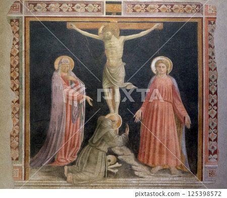 Crucifixion with the Virgin, Saint Francis and Saint John the Evangelist, by Andrea di Giusto, Basilica di Santa Croce (Basilica of the Holy Cross) in Florence, Italy Crucifixion with the Virgin, Saint Francis and Saint John the Evangelist, by Andrea di Giusto, Basilica di Santa Croce (Basilica of the Holy Cross) in Florence, Italy 125398572
