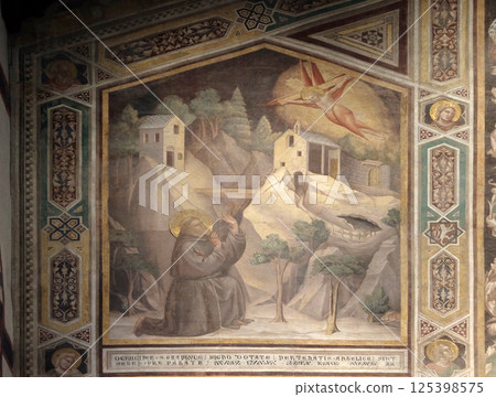 St. Francis Receiving the Stigmata, fresco by Giotto, in the Bardi Chapel of the Basilica of Santa Croce (Basilica of the Holy Cross) in Florence, Italy St. Francis Receiving the Stigmata, fresco by Giotto, in the Bardi Chapel of the Basilica of Santa Croce (Basilica of the Holy Cross) in Florence, Italy 125398575