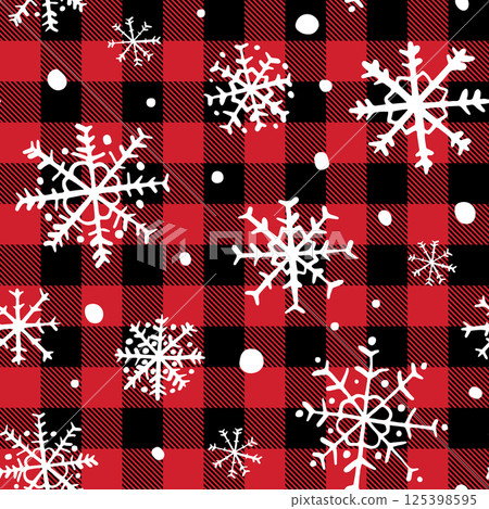 Cute red and black buffalo plaid Lumberjack snowflake seamless pattern, Christmas vector background Cute red and black buffalo plaid Lumberjack snowflake seamless pattern, Christmas vector background 125398595