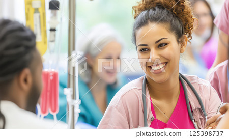 Hospital staff having fun chatting with each other during a break. In the midst of a busy day, these healthcare professionals take a moment to relax and share a laugh. Priceless! Hospital staff having fun chatting with each other during a break. In the midst of a busy day, these healthcare professionals take a moment to relax and share a laugh. Priceless! 125398737