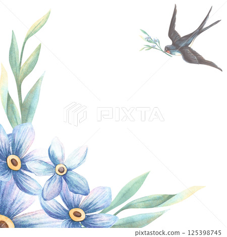 Floral spring frame with swallow bird, blue forget-me-not flowers and green twigs. Botanical hand drawn watercolor template. Perfect for wedding seasonal decoration, greeting card, event invitation 125398745