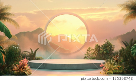 A surreal tropical landscape with a circular stage surrounded by lush plants, framed by a glowing sunset A surreal tropical landscape with a circular stage surrounded by lush plants, framed by a glowing sunset 125398748