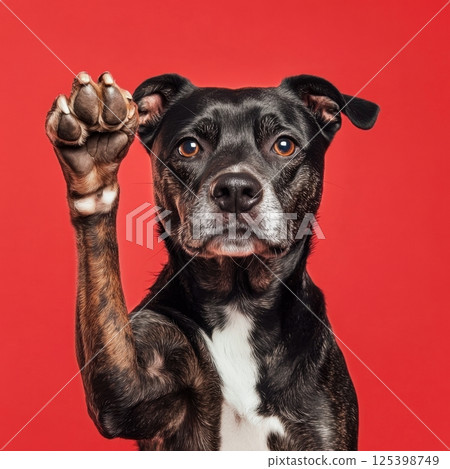 A black and brown dog with expressive amber eyes raises its paw confidently against a bold red background 125398749