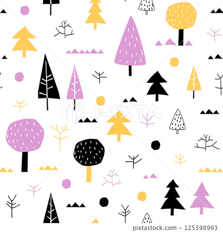 Forest vector seamless pattern with trees in yellow, violet and black colors on white background for summer holiday textile and clothing for kids Forest vector seamless pattern with trees in yellow, violet and black colors on white background for summer holiday textile and clothing for kids 125398993