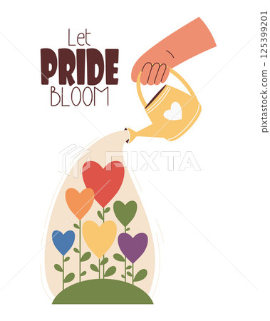 Hand with Garden Watering Can pouring rainbow Heart Flowers LGBT. LGBTQ community. Holiday Card Pride Bloom for design, card, print, pride month. Vector illustration 125399201