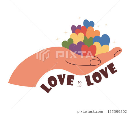 Hand with Rainbow Heart LGBT in colors of flag. Vector illustration. Symbol of LGBTQ community. Pride Month, Human Rights Movement Hand with Rainbow Heart LGBT in colors of flag. Vector illustration. Symbol of LGBTQ community. Pride Month, Human Rights Movement 125399202