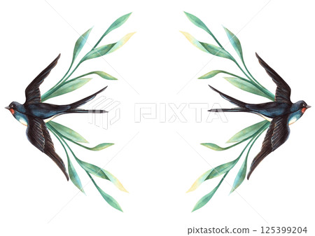 Vintage spring horizontal diamond-shape frame with swallow bird and green leaves Botanical watercolor rhombus template Perfect for seasonal decoration, retro greeting card, elegant wedding invitation. Vintage spring horizontal diamond-shape frame with swallow bird and green leaves Botanical watercolor rhombus template Perfect for seasonal decoration, retro greeting card, elegant wedding invitation. 125399204