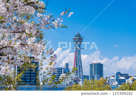 大阪市：櫻花盛開和通天閣 125399282
