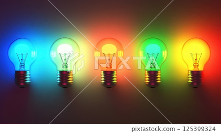 Five colorful light bulbs emit vibrant rainbow glows, a neutral background 125399324