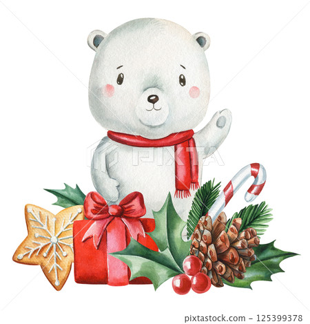 Cute watercolor Christmas polar bear with gift box, cookie, candy cane, pinecones, holly and berries. Poster, postcard 125399378