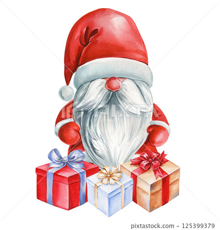 Watercolor Christmas gnome with red Santa hat and colorful gift boxes isolated on white for holiday design, poster, card 125399379